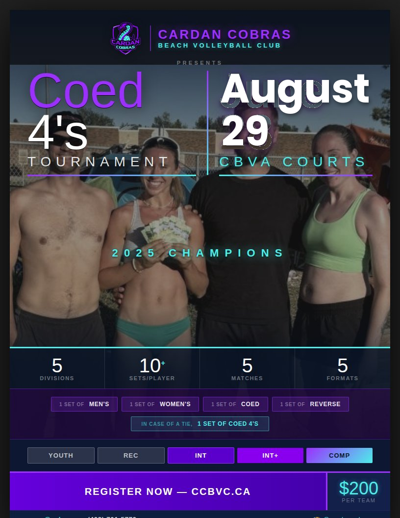 Cardan Cobras Coed 4's Tournament — August 29 at CBVA Courts